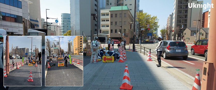 博多区御供所にて道路工事に伴う交通誘導警備を実施致しました。